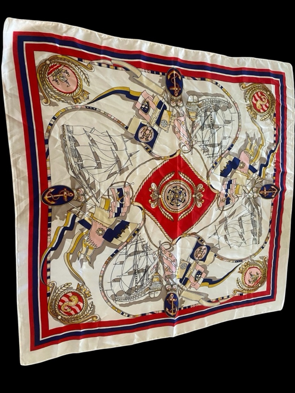 Vintage Nautical Silk-Feel Scarf in Red, Navy and Cream Y2K 26x27